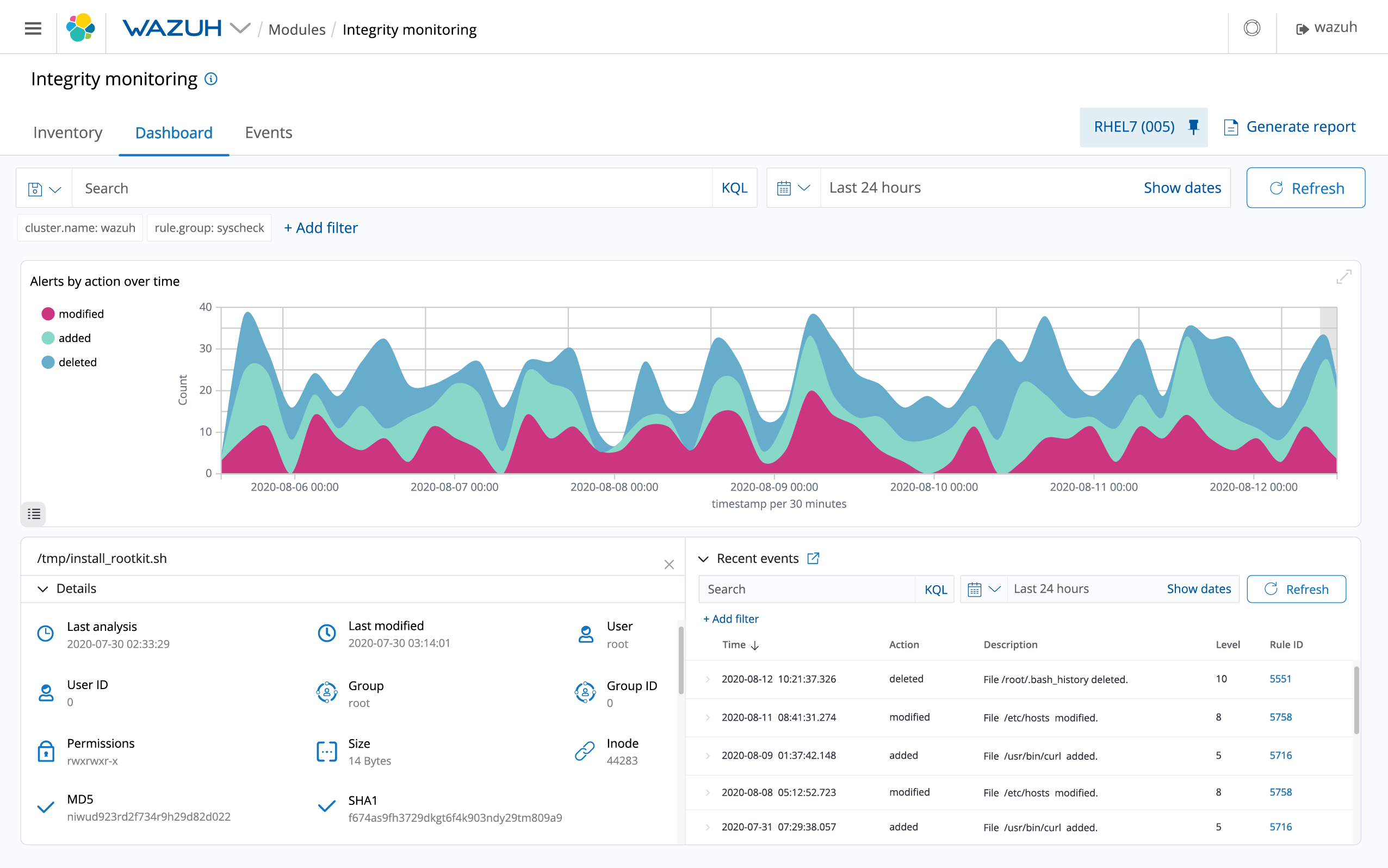 Wazuh File integrity monitoring capabilities can be used in combination with threat intelligence to identify threats or compromised hosts and secure your enviroment