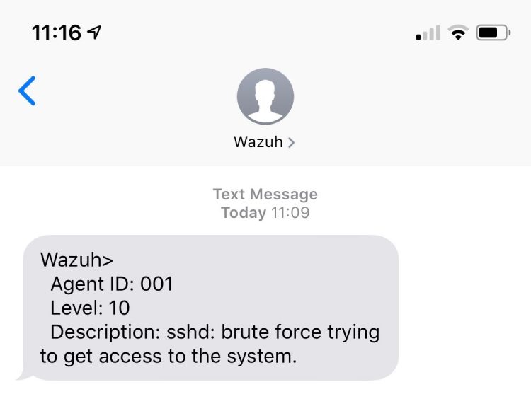 The text message received, with information about the agent ID, the alert level and the description of the alert.