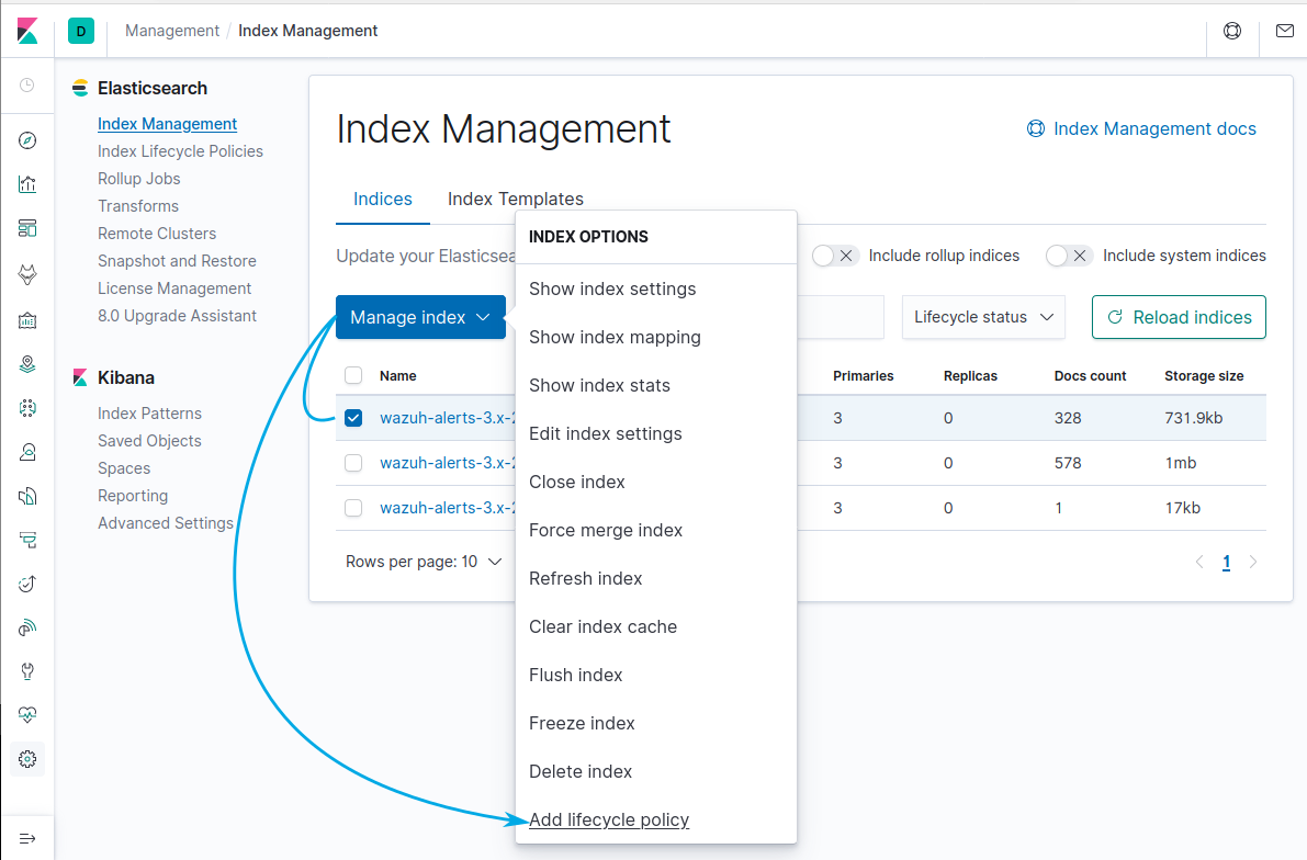 Selecting existing indices to add lifecycle policy