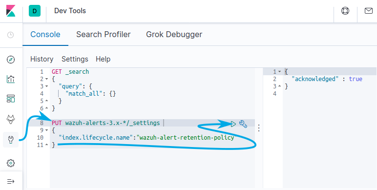 Elasticsearch Dev Tools Console. Reach the console by clicking on the wrench icon on the left, then paste the code and click on the arrow to submit the request.