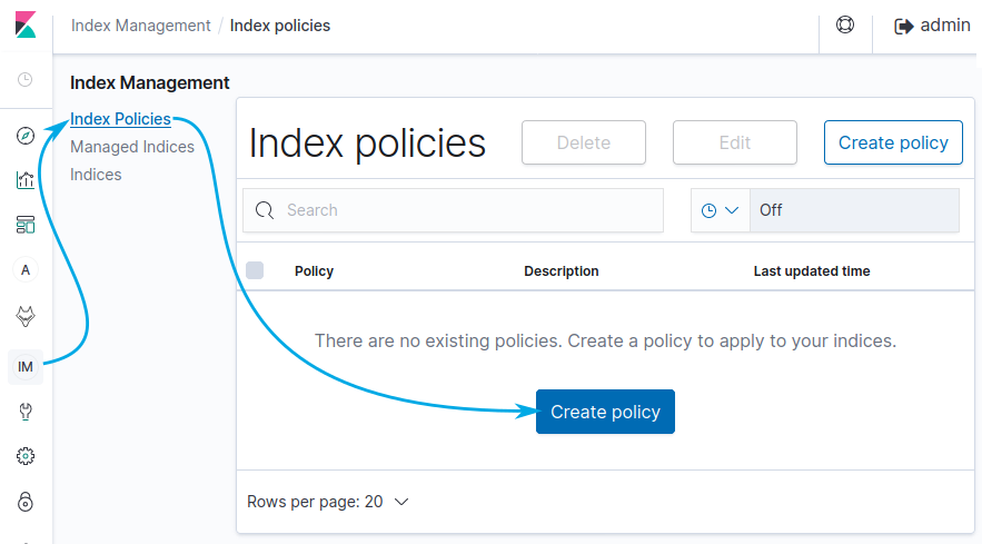 To create a policy select the IM icon from the icon column on the left and then click the Create Policy button in the middle. Provided you are in the Index Policies section