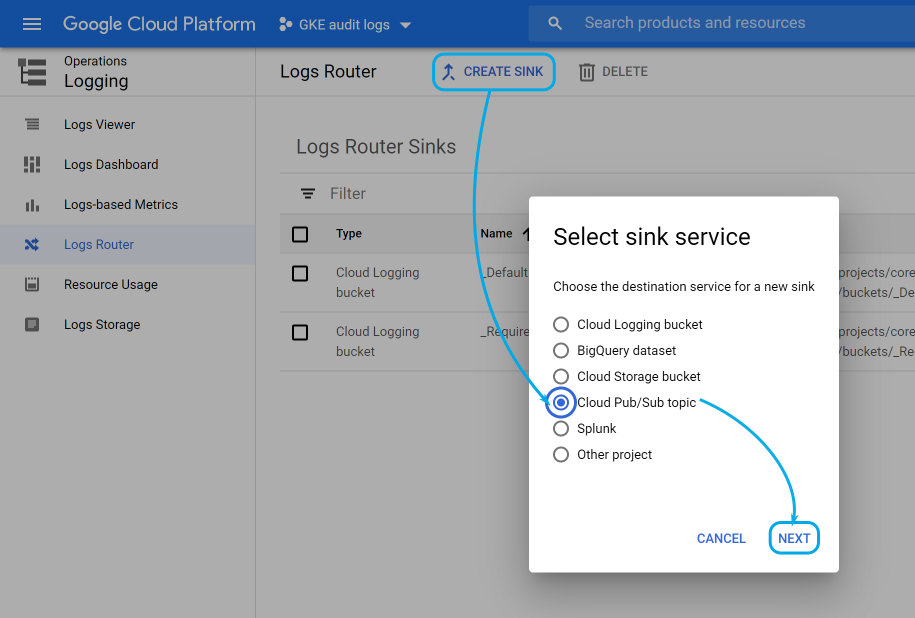 Google Cloud create sink