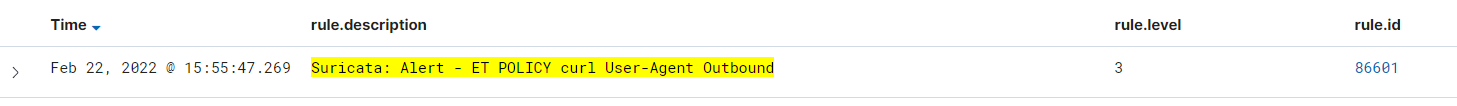 The curl request above should generate the Suricata alert “Suricata: Alert - ET POLICY curl User-Agent Outbound”