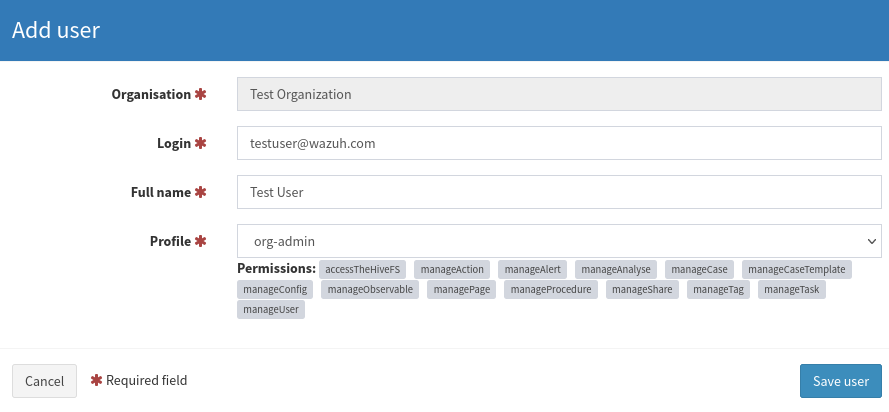 In Test Organization, we create a new user with organization administrator privileges