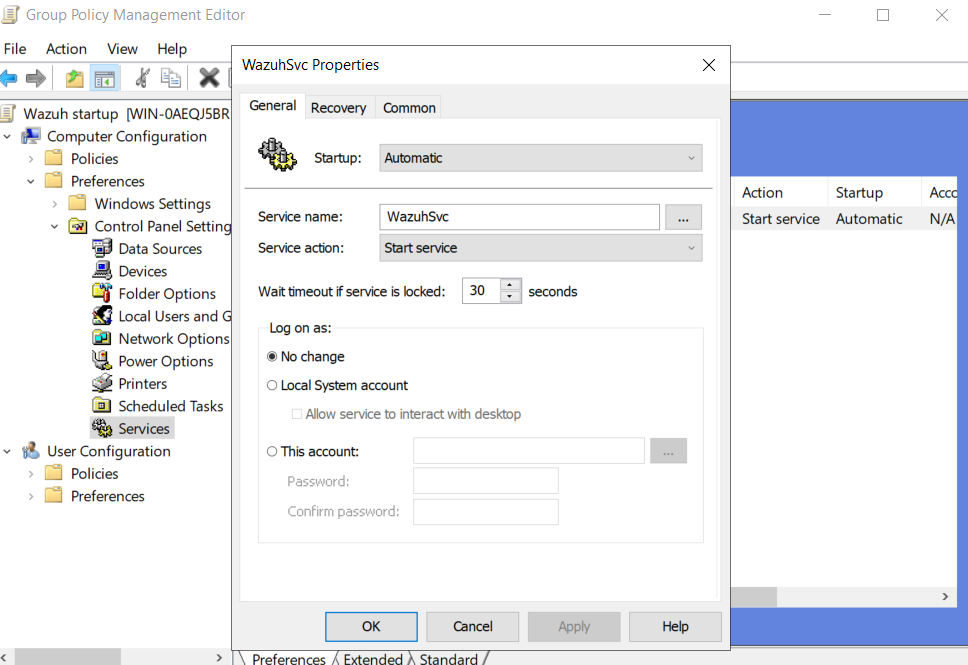 Group Policy Objects Wazuh Service Action