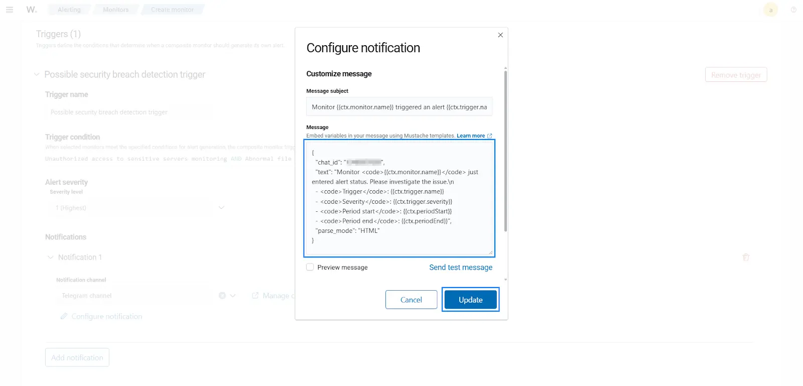 Configure notification message