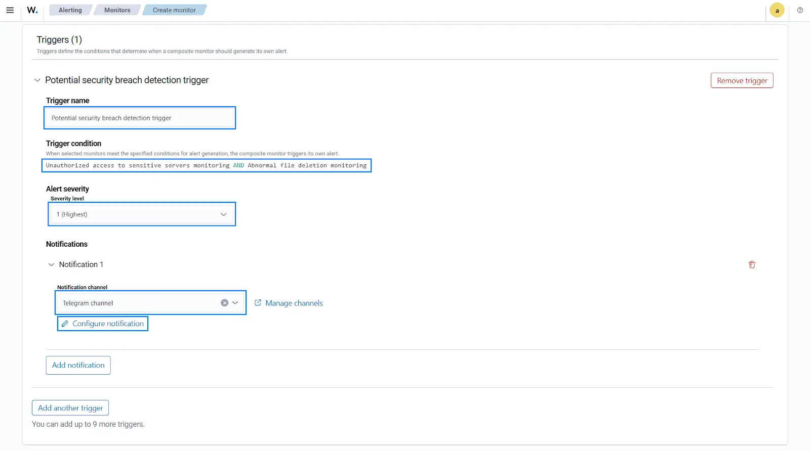 Security Alerting define monitor trigger conditions