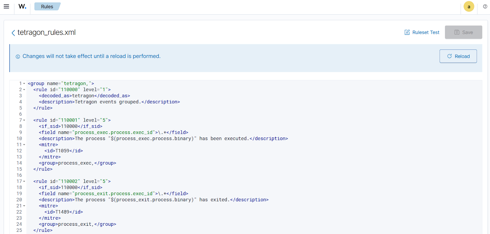 Wazuh manager dashboard for analyzing Tetragon events