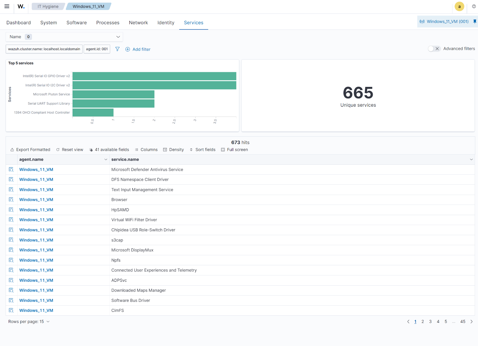 Waazuh IT Hygiene - Services dashboard.