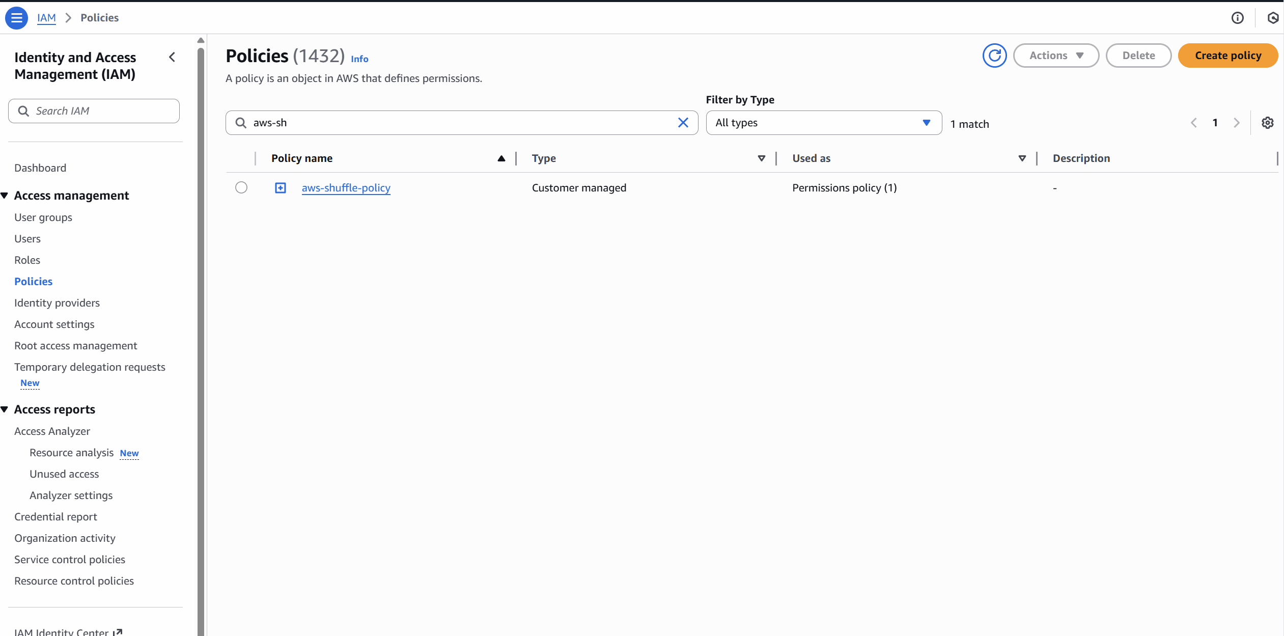 Creating the IAM user and assigning the aws-shuffle-policy directly to the account.