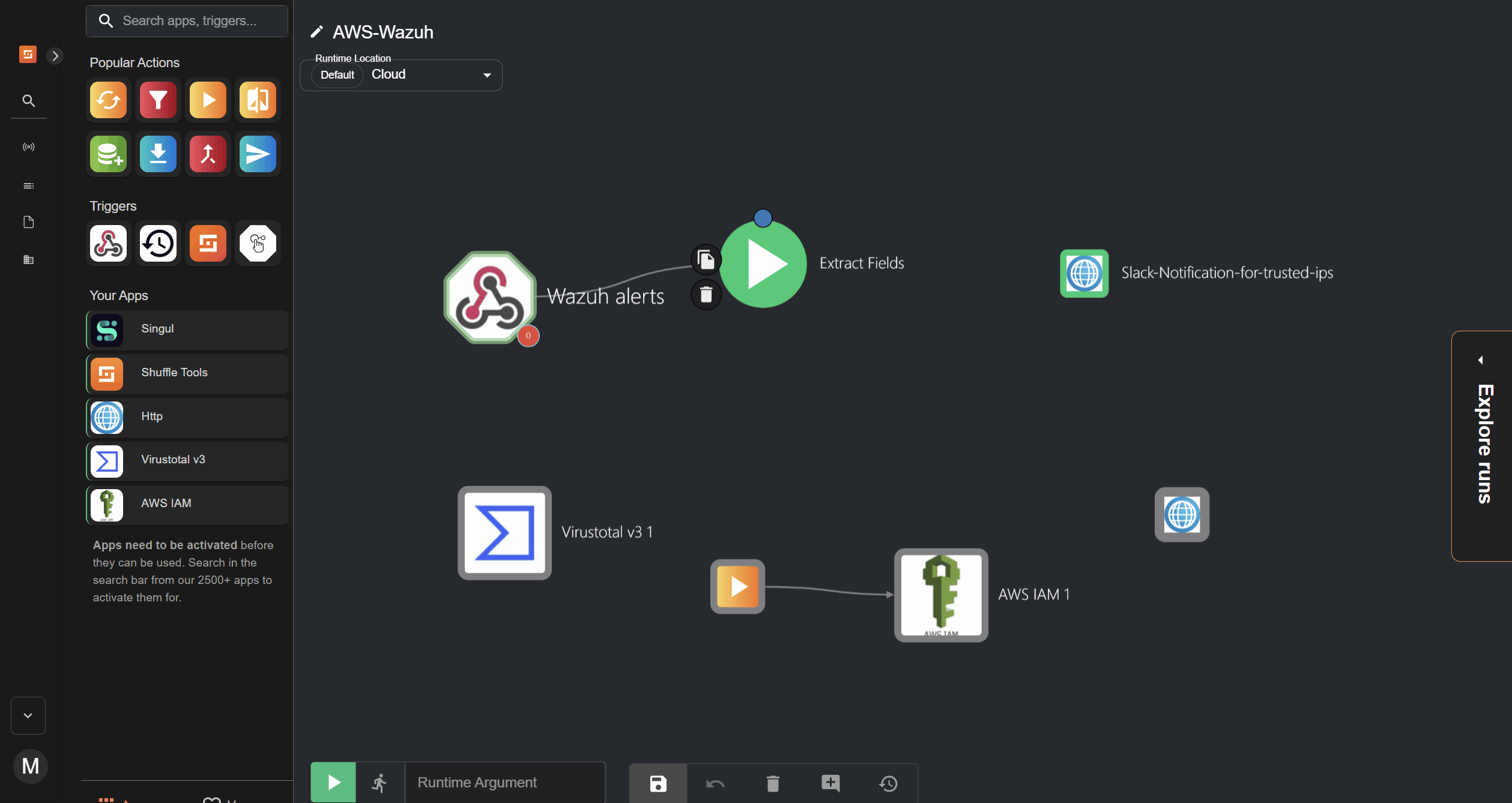 Conditional branching in Shuffle for routing trusted and unrecognized AWS login alerts.