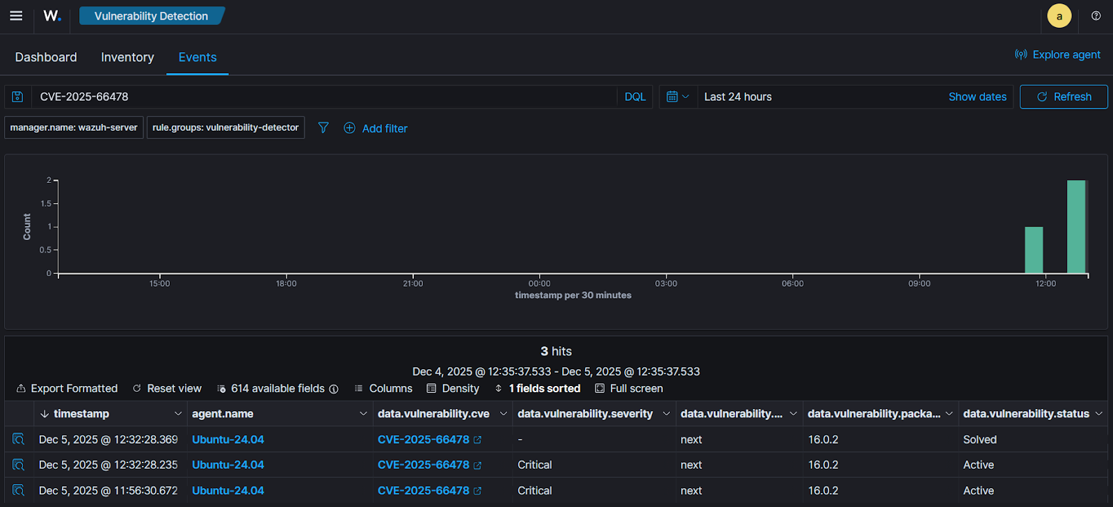 Vulnerability Detection > Events tab