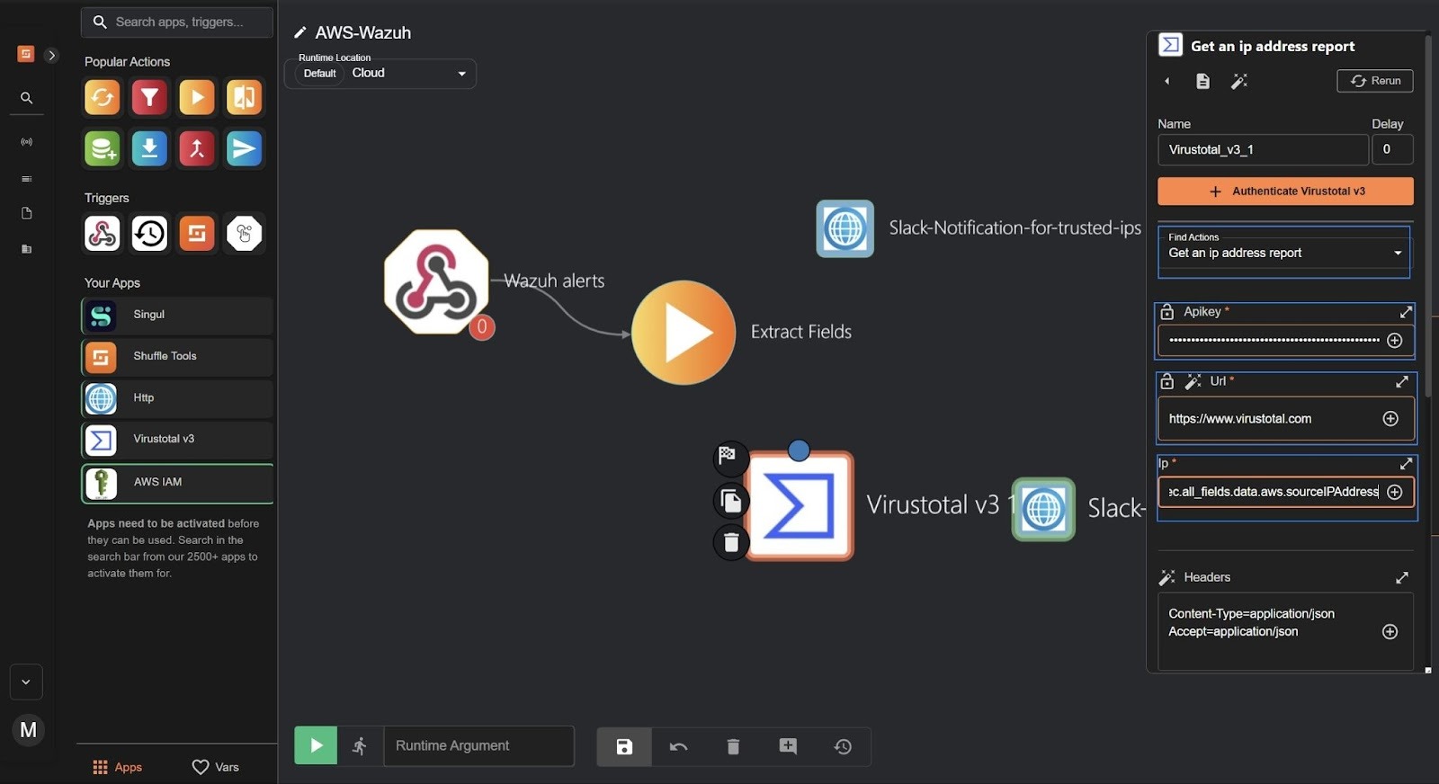 VirusTotal node configuration in Shuffle for automated threat intelligence lookups using IP addresses from Wazuh alerts.