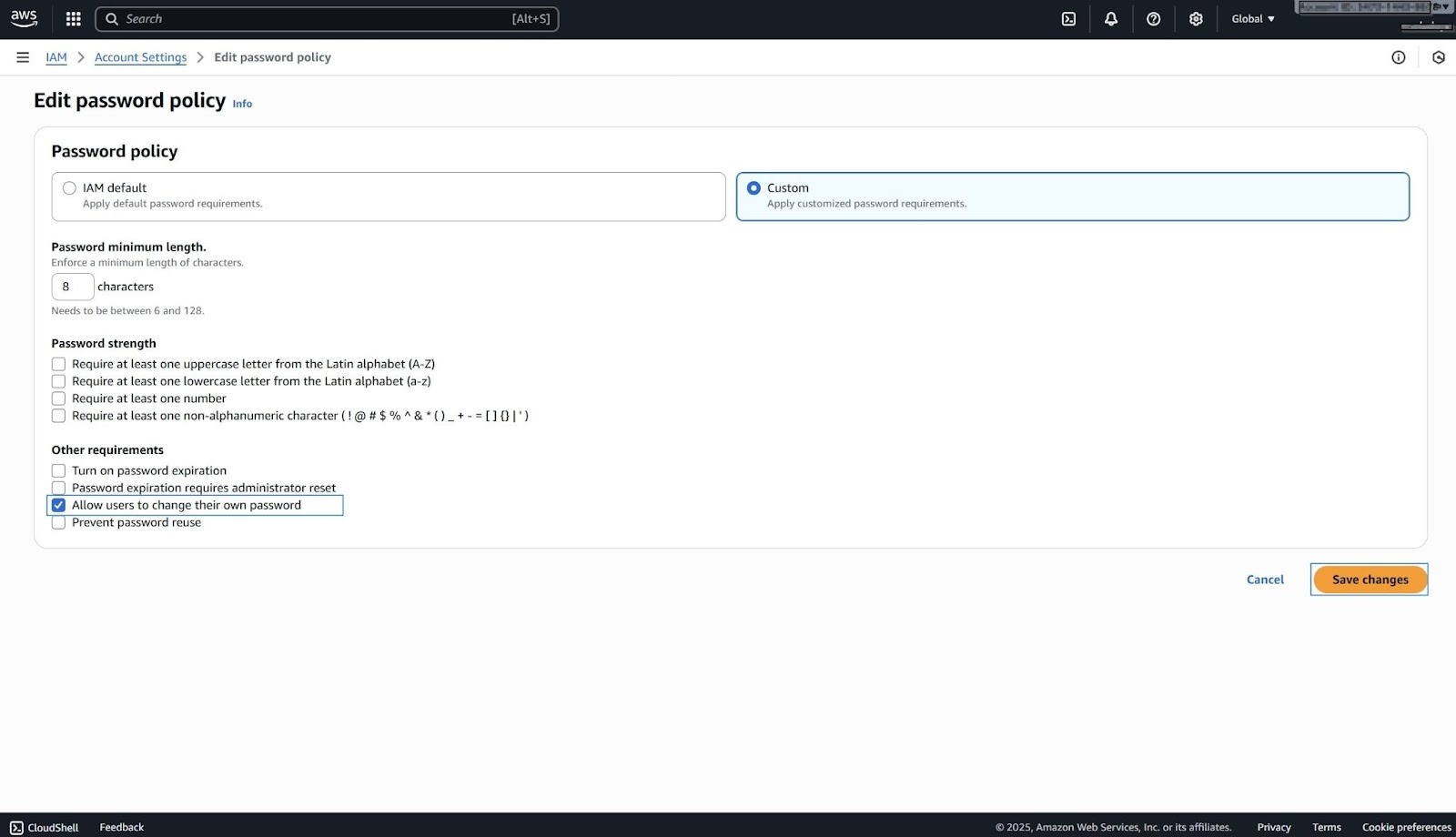 Updating the IAM account password policy to allow users to change their own passwords.