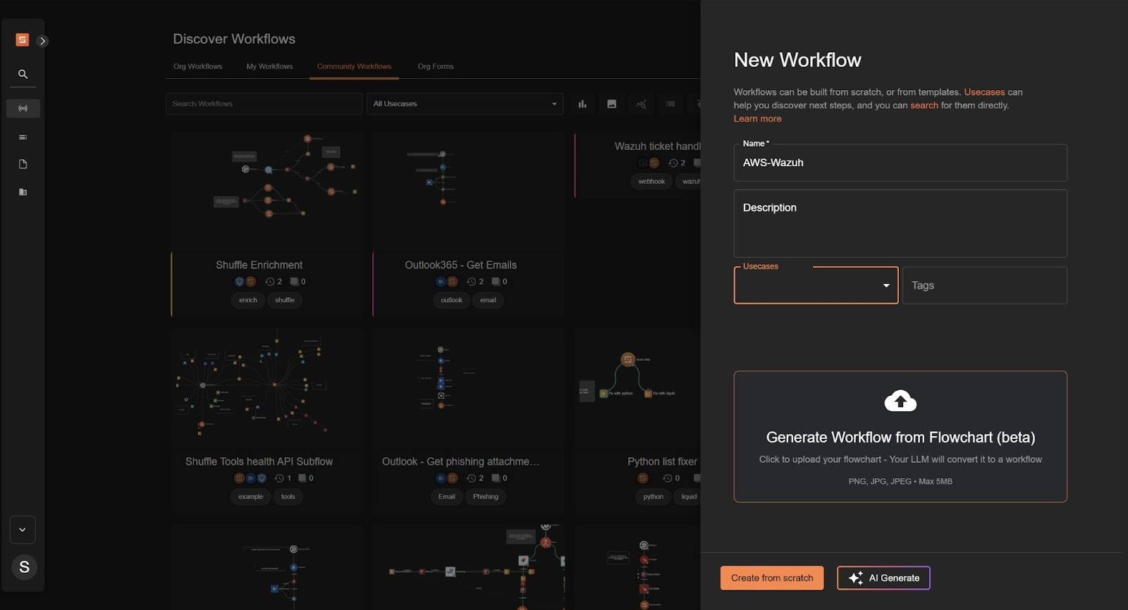 Creating a new workflow in Shuffle to begin building the AWS-Wazuh automation.