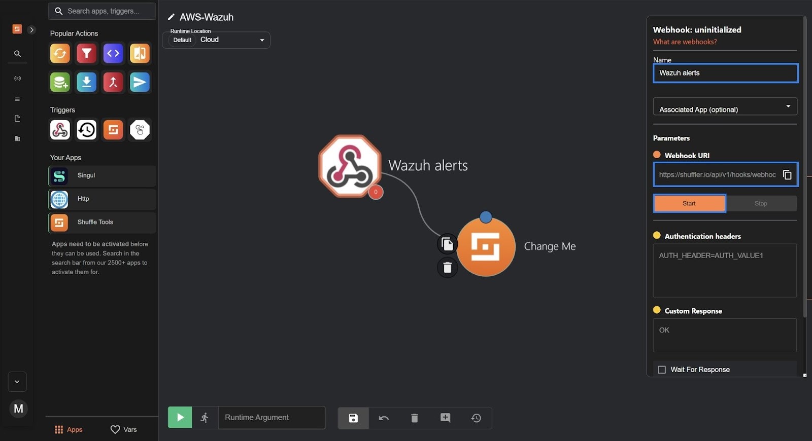 Configuring the Webhook node for Wazuh alerts and starting it to generate the webhook URL.