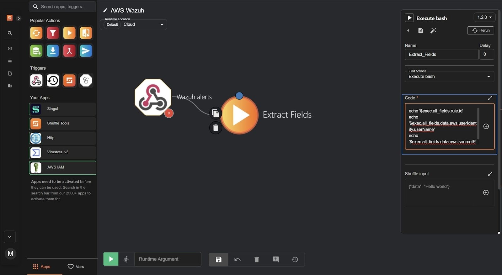 Configuring the Extract_fields node to extract IAM username, rule ID, and source IP from the Wazuh alert using a Bash script.