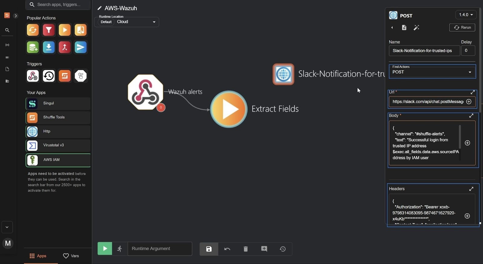 The Extract_fields node configuration in Shuffle for extracting the IAM username, rule ID, and source IP address from a Wazuh alert.