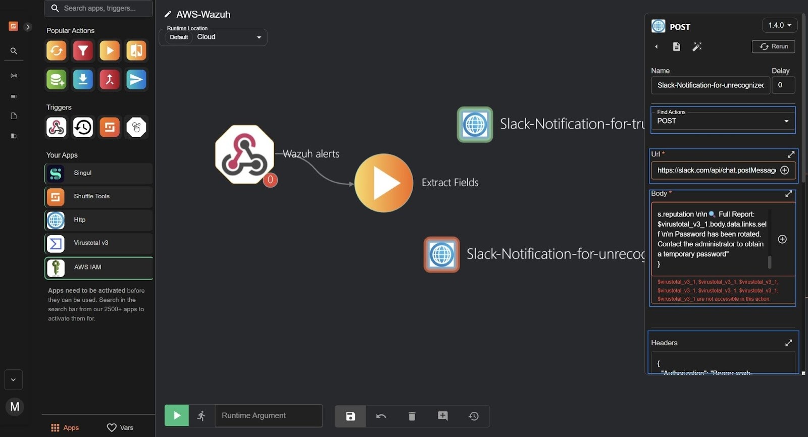 Slack-Notification-for-unrecognized-ips node in Shuffle for alerting on logins from unrecognized IPs with VirusTotal data.