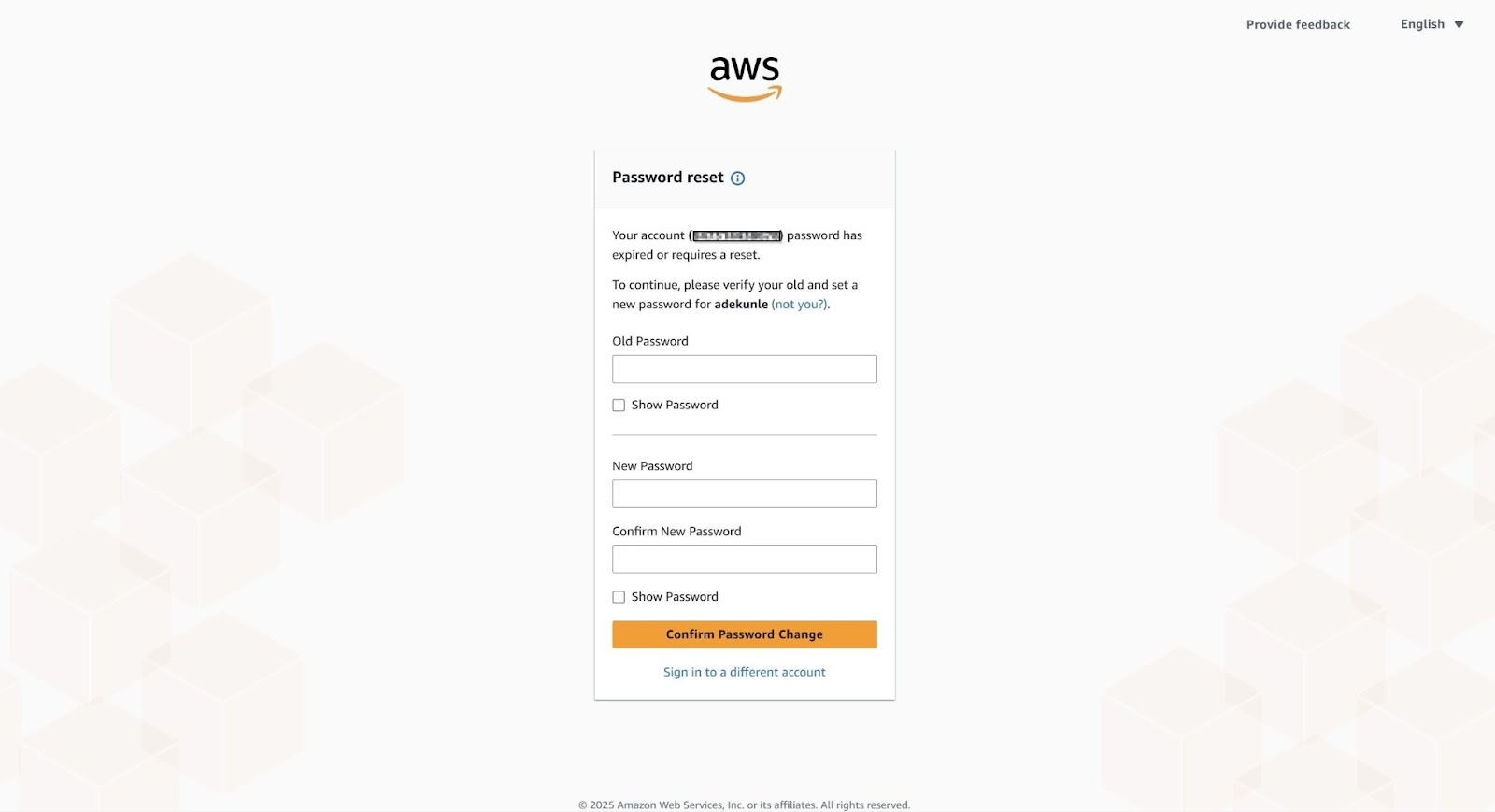 Password reset prompt in the AWS Management Console requiring the IAM user to set a new password on next login.