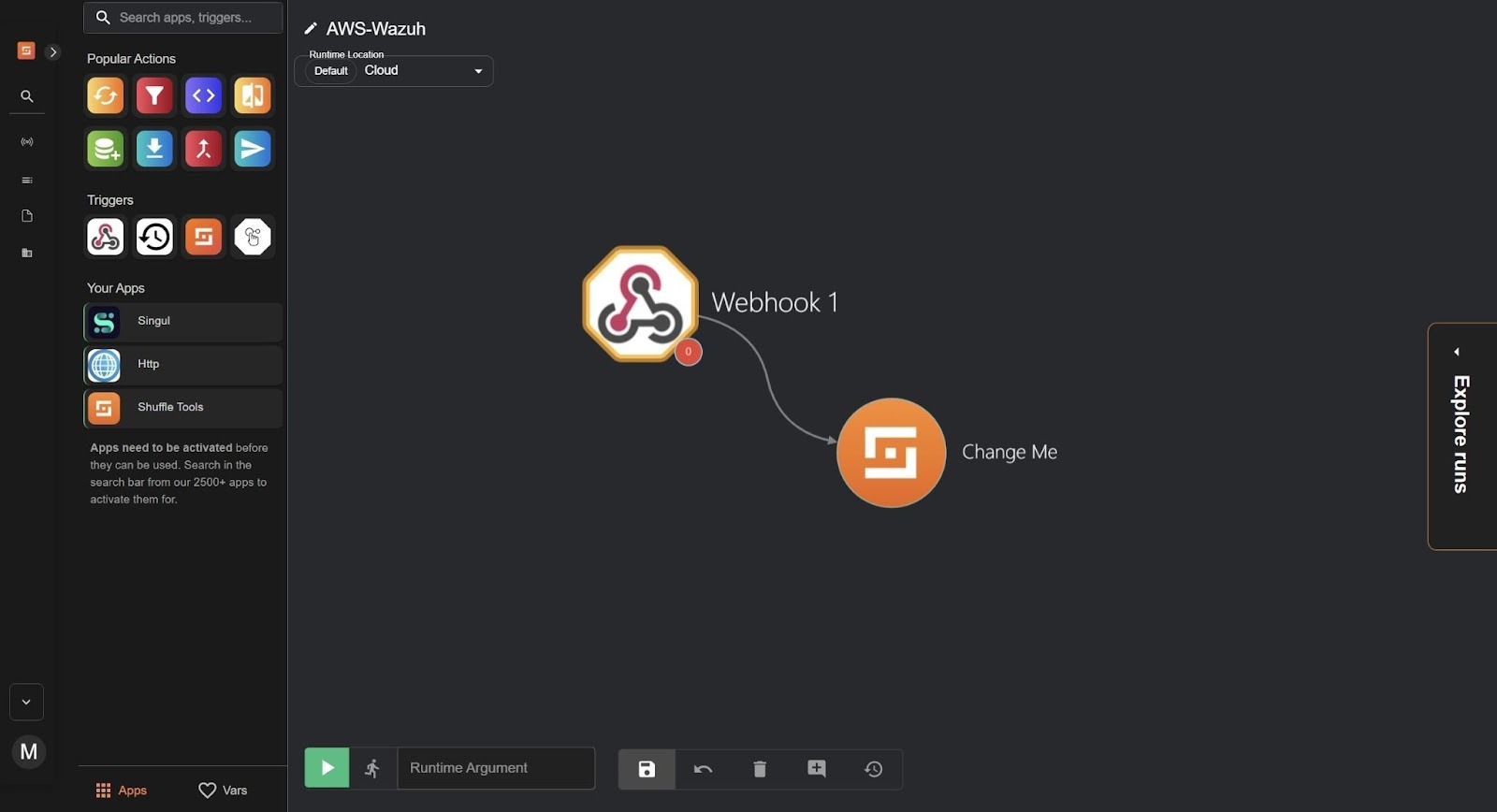Adding the Webhook trigger to the workspace to connect incoming Wazuh alerts to the workflow.