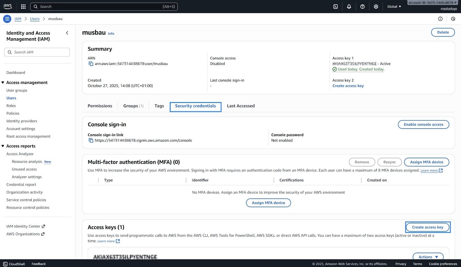 Creating a CLI access key for the newly configured IAM user.