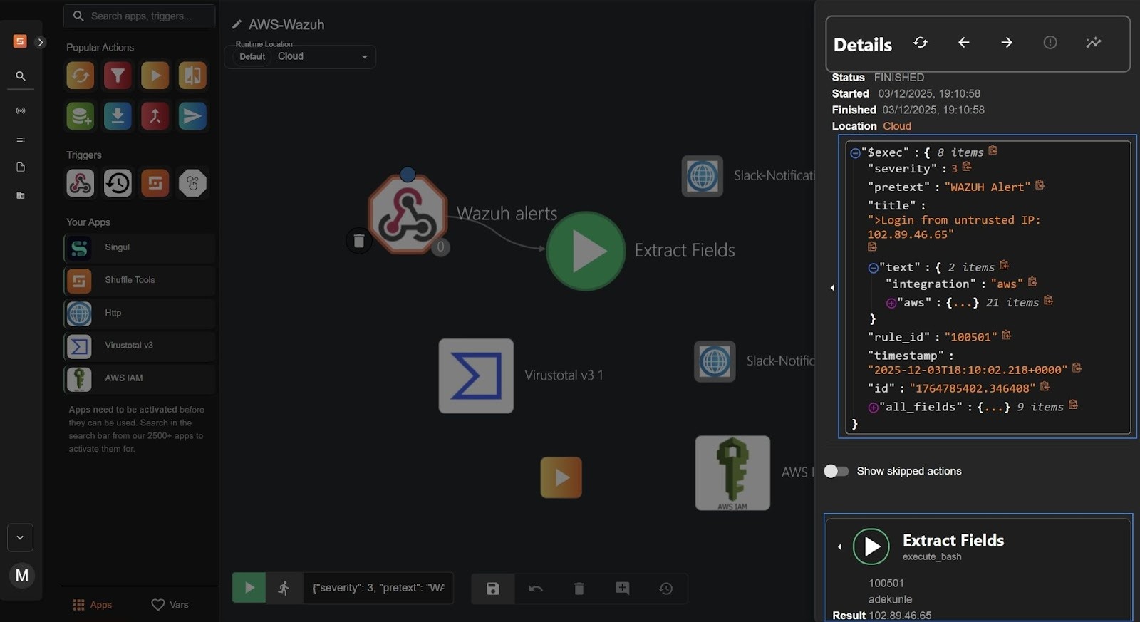Running the Shuffle workflow to verify extracted IAM user details.