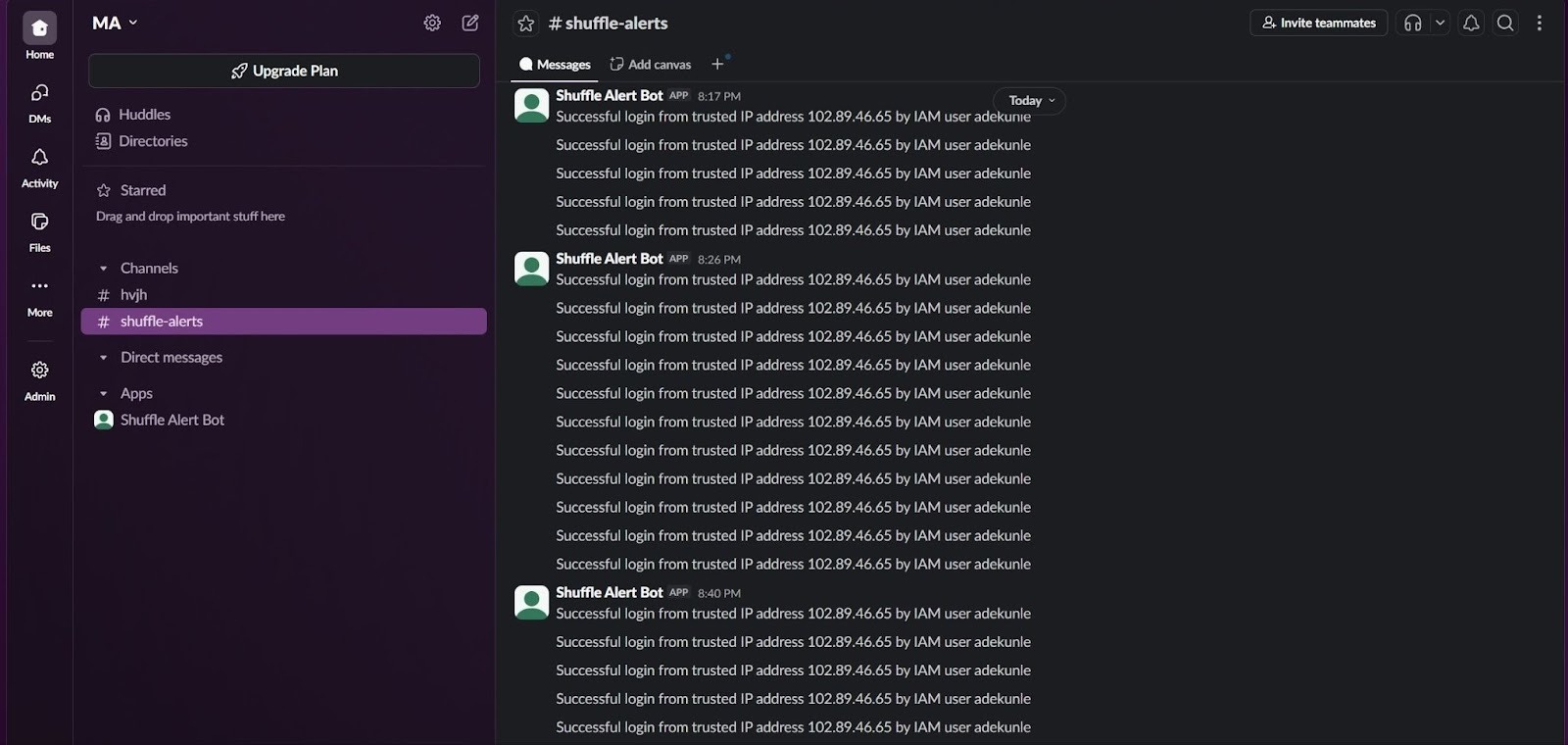 Slack visualization for a successful IAM login from a trusted IP address.