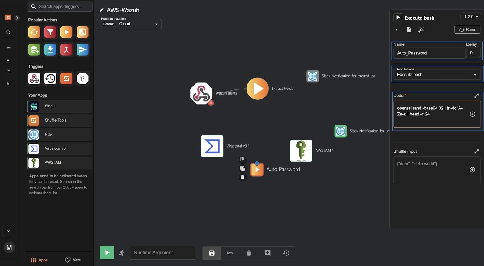 Auto_password node configuration in Shuffle for generating strong, random IAM passwords automatically upon detecting unrecognized logins.