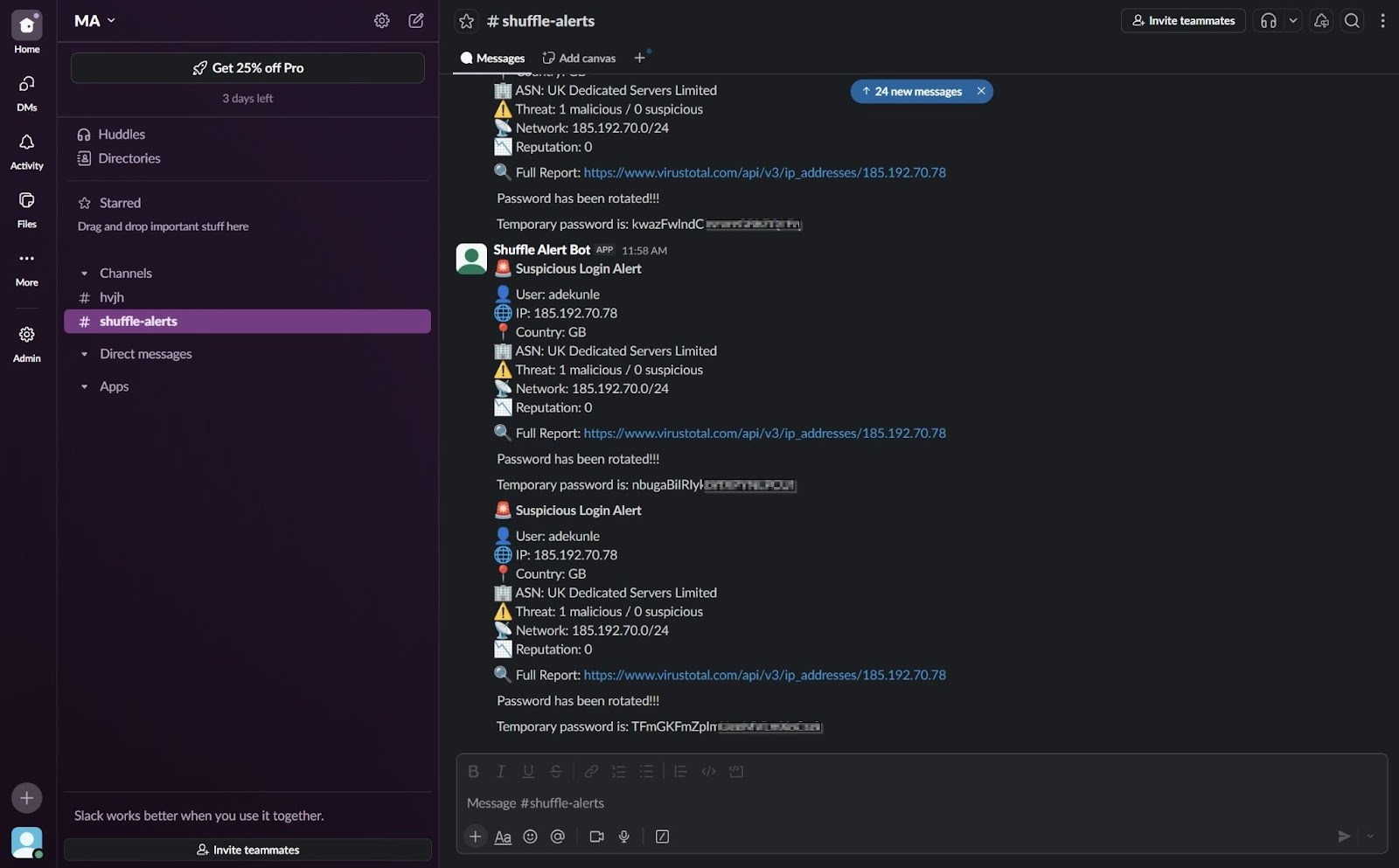 Slack visualization for a successful IAM login from an unrecognized IP address.