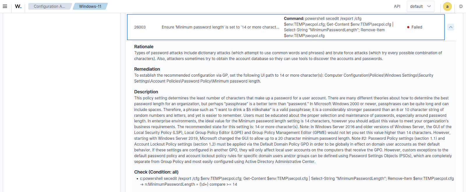 Initial SCA policy check 26003 result.