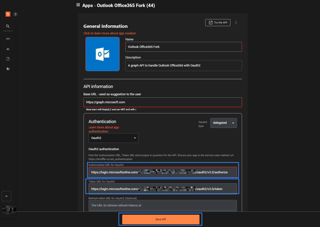 Figure 9: Configuring the Outlook Office365 application.