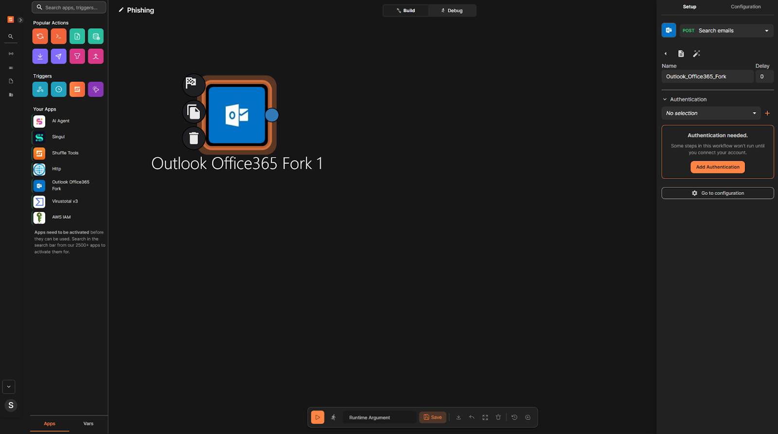 Figure 10: Adding authentication to the Office 365 application.