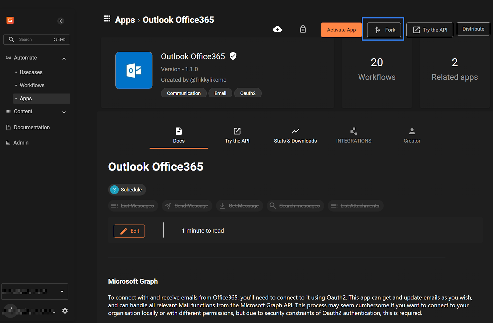 Figure 7: Forking the Outlook Office365 application.