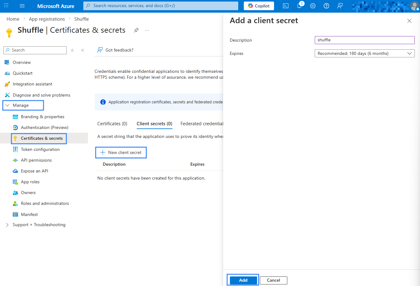 Figure 3: Generating the client secret.