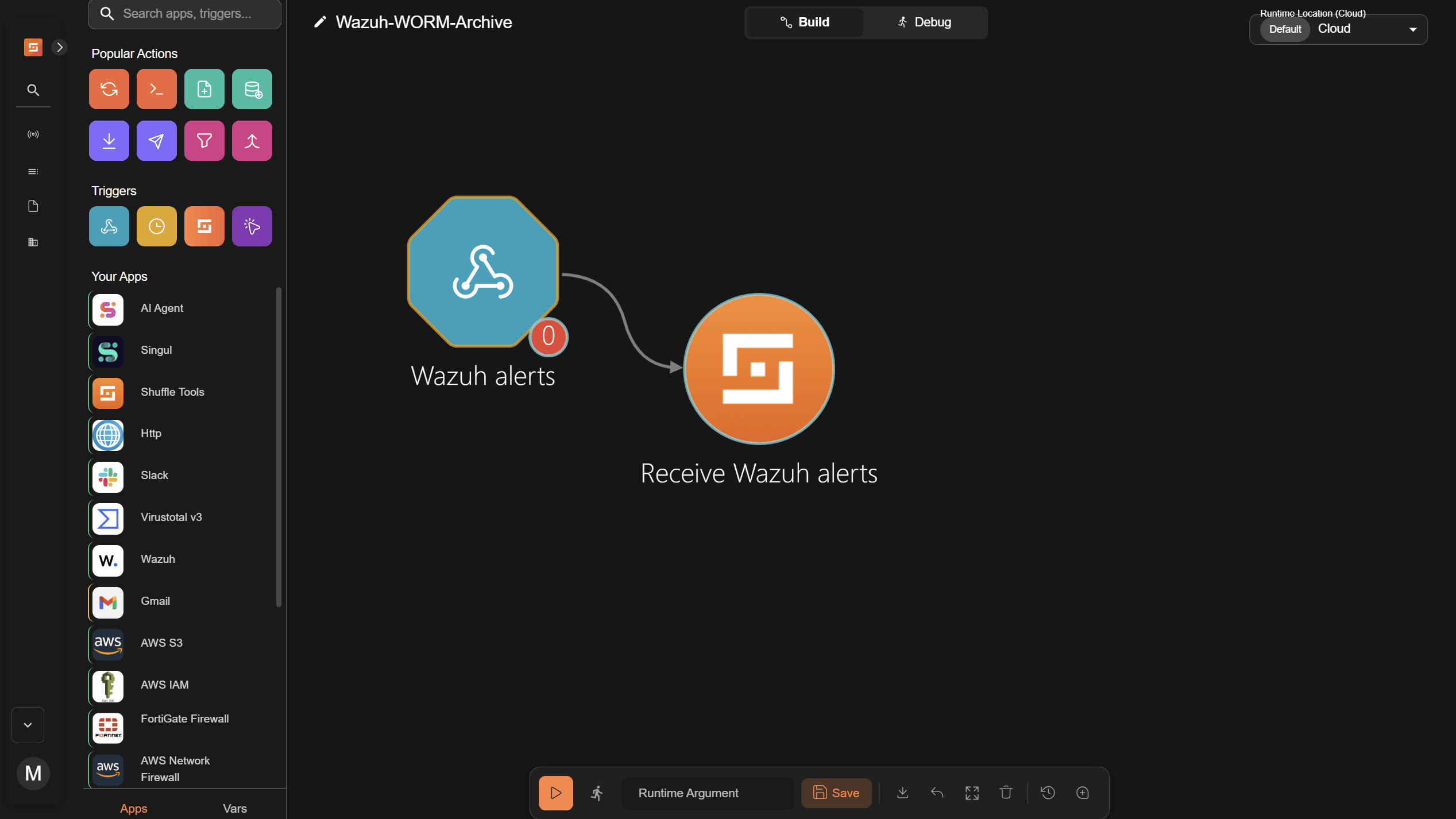 Gif 7: Configuring the Shuffle tools node to create an evidence file from Wazuh alert data.