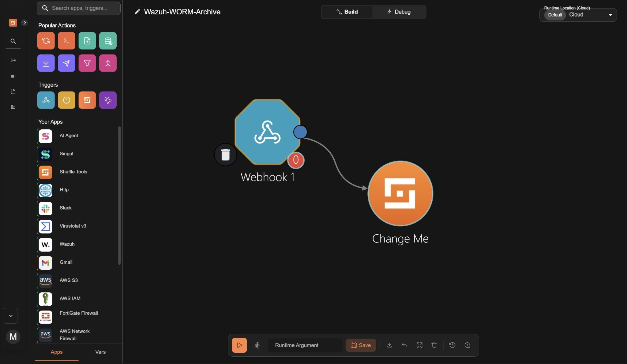 Figure 3: Adding the Webhook trigger to the workspace to connect incoming Wazuh alerts to the workflow.