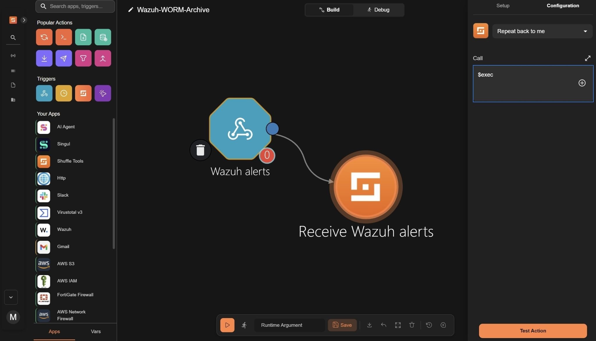 Figure 5: Configuring the Shuffle node to receive Wazuh alert with $exec mode.