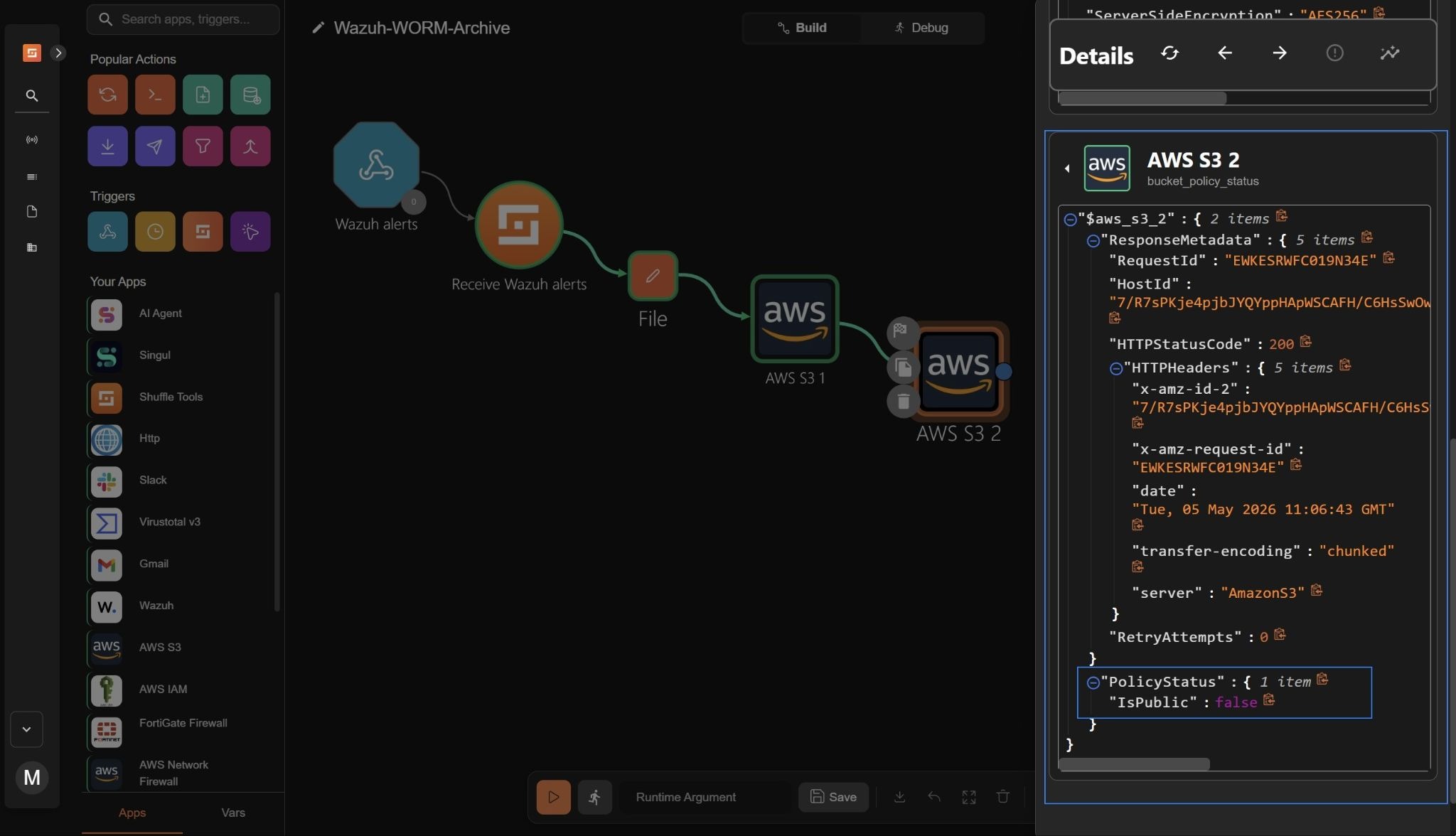Figure 11: Triggering workflow to check S3 bucket public access status.