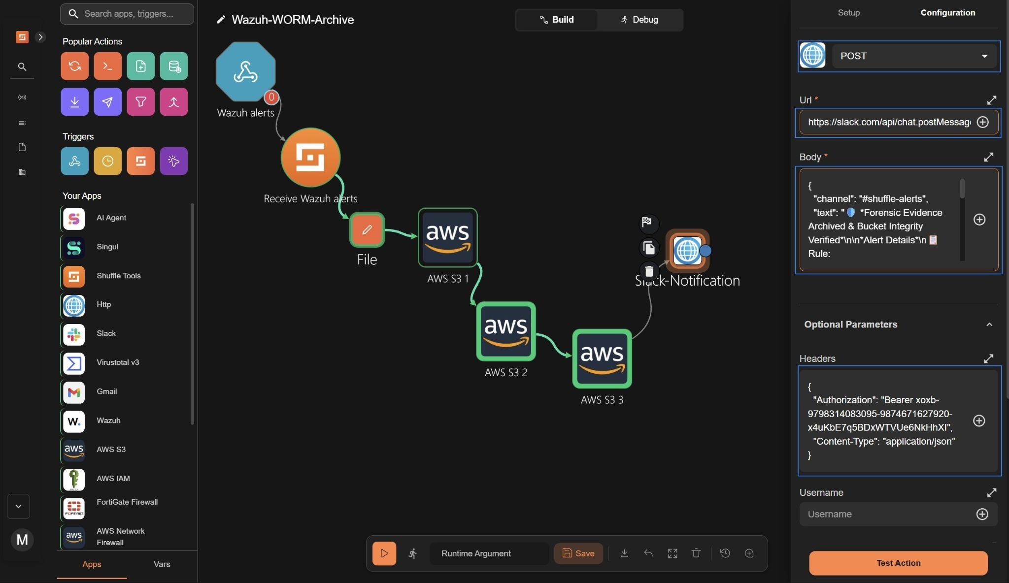 Figure 14: Configuring Slack node for forensic archive notifications.