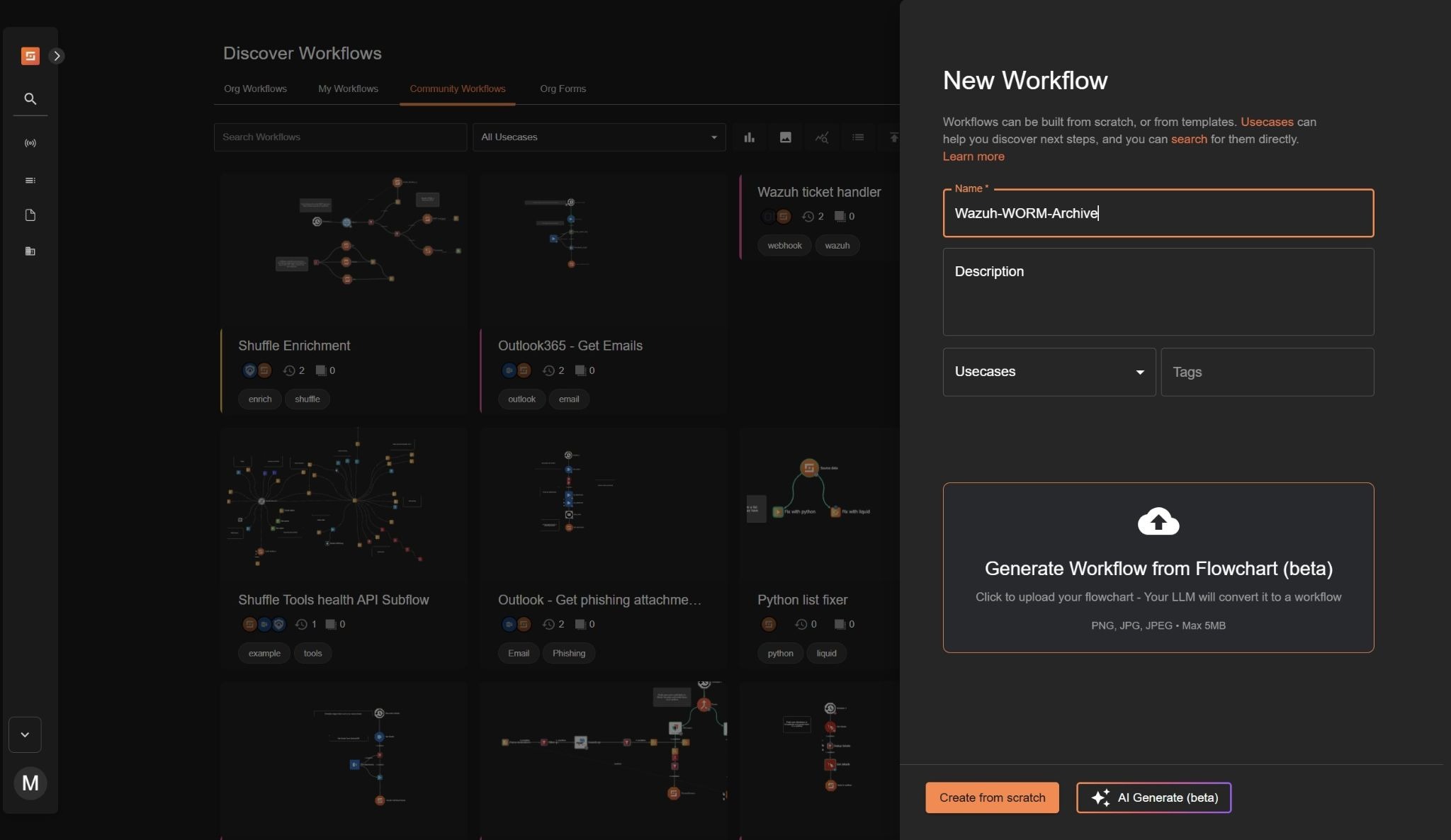Figure 2: Creating a new workflow in Shuffle to begin building the  Wazuh-S3 automation.