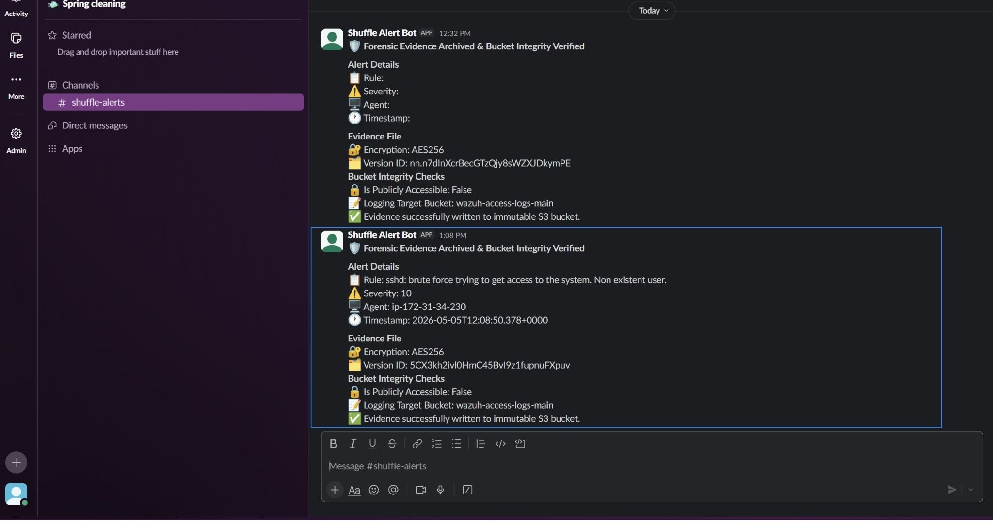 Figure 18: Slack notification confirming forensic archive and bucket integrity status. 