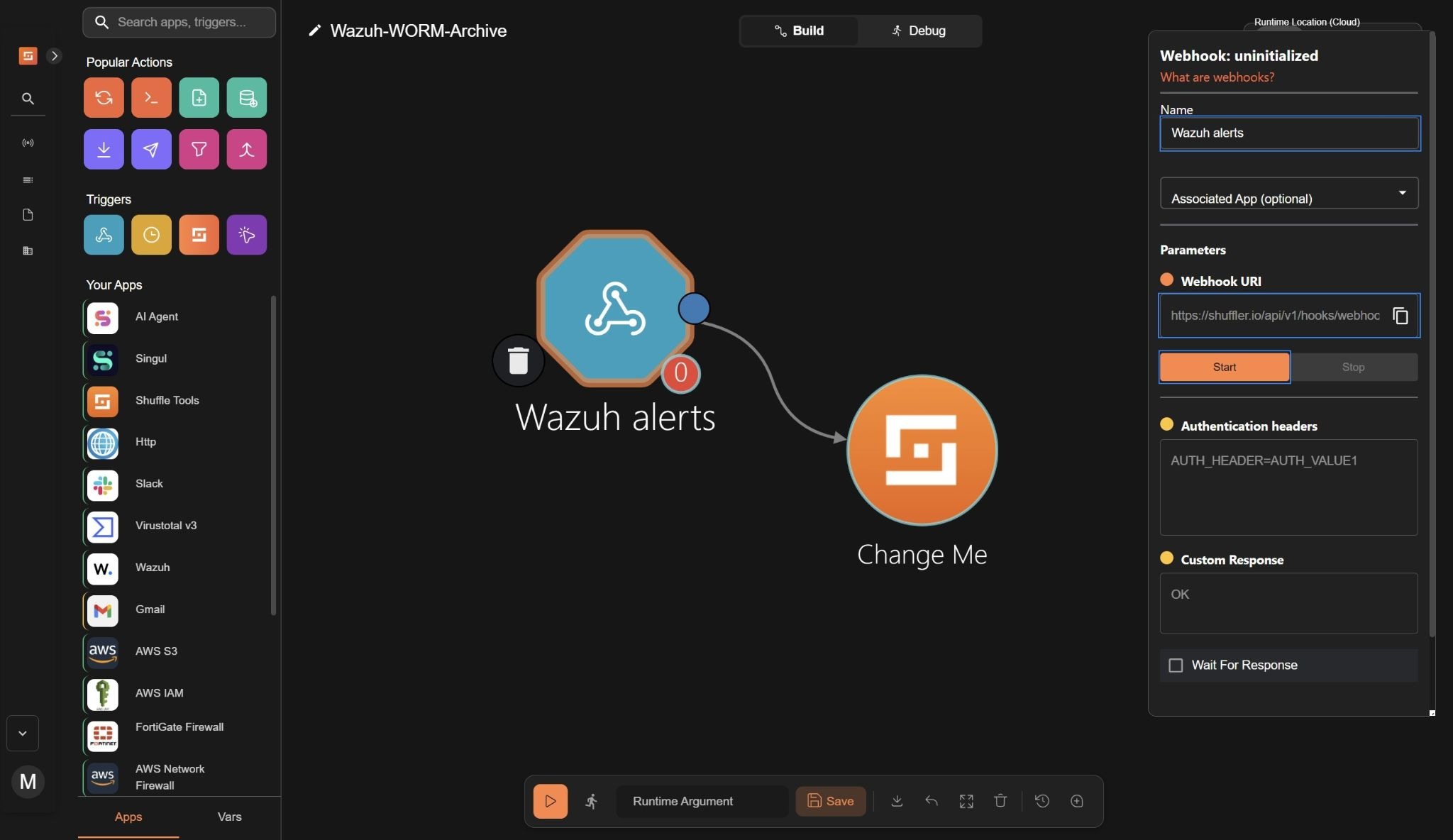 Figure 4: Configuring the Webhook node for Wazuh alerts and starting it to generate the webhook URL.
