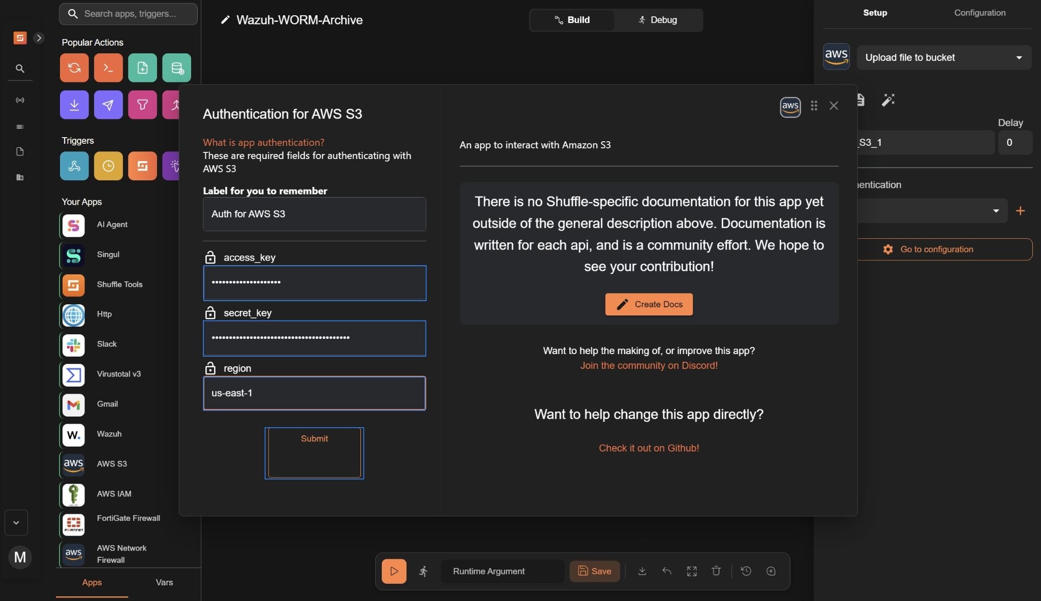 Figure 7: Configuring the AWS S3 node with credentials to upload evidence files.