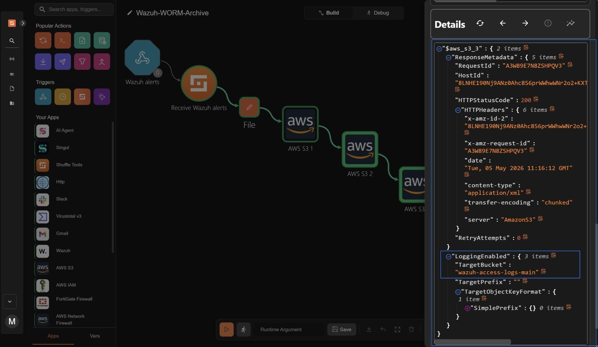 Figure 13: Triggering workflow to verify S3 server access logging status.