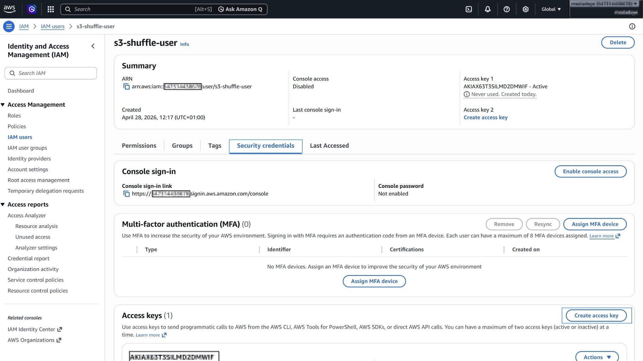 Figure 1: Creating access keys for the IAM user to enable secure API authentication.