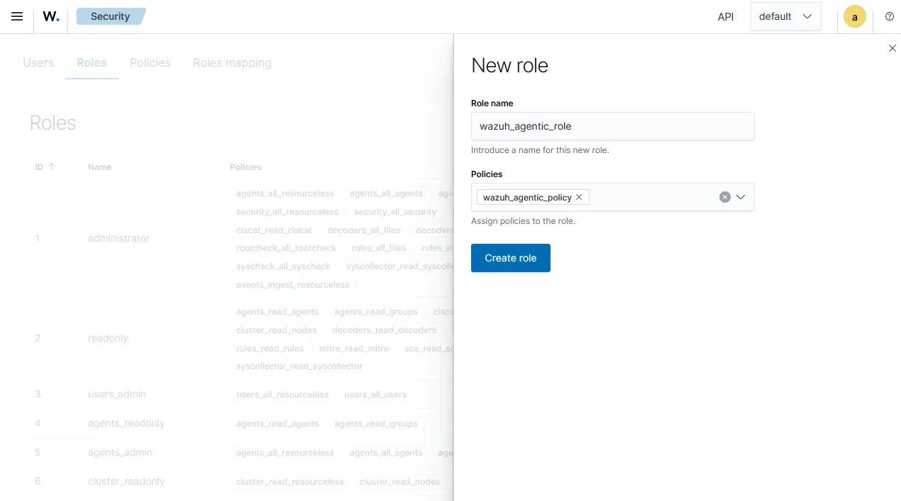 Figure 2: AI agent Wazuh server role creation.