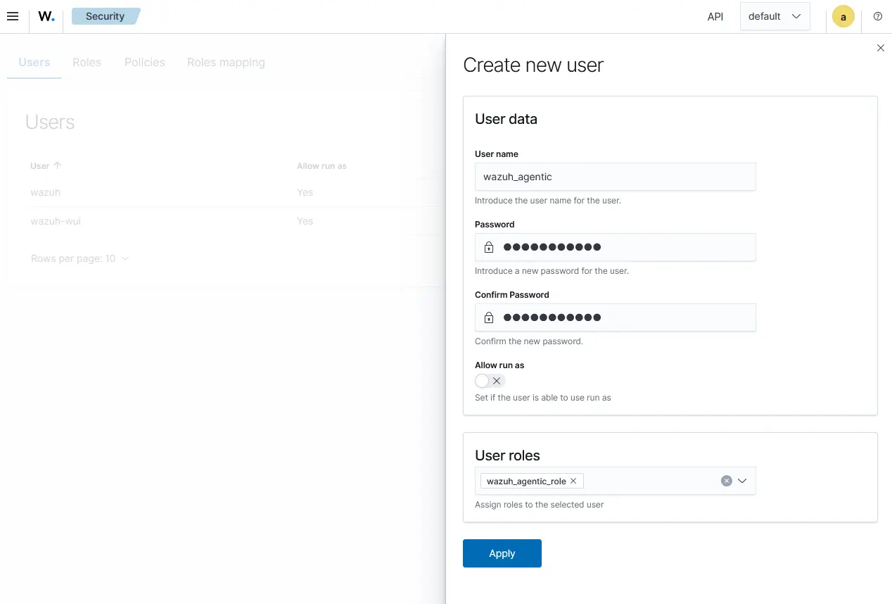 Figure 3: AI agent Wazuh server user creation.