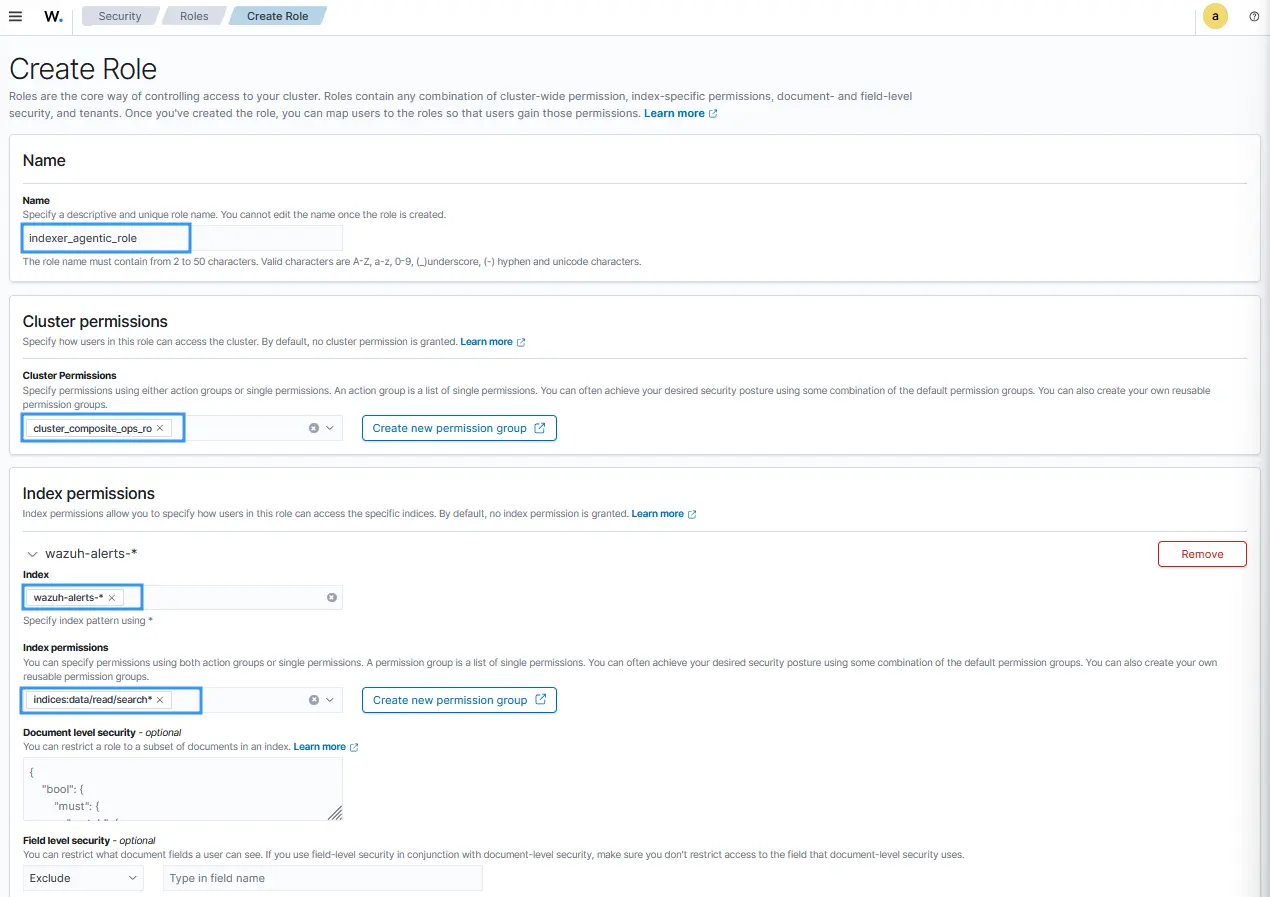 Figure 5: AI agent Wazuh indexer role creation.